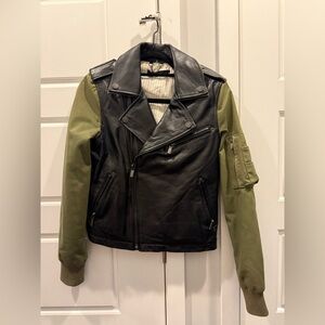 NWT William Rast Women’s Sz S Black Leather Biker/ Bomber Jacket w Olive Contras